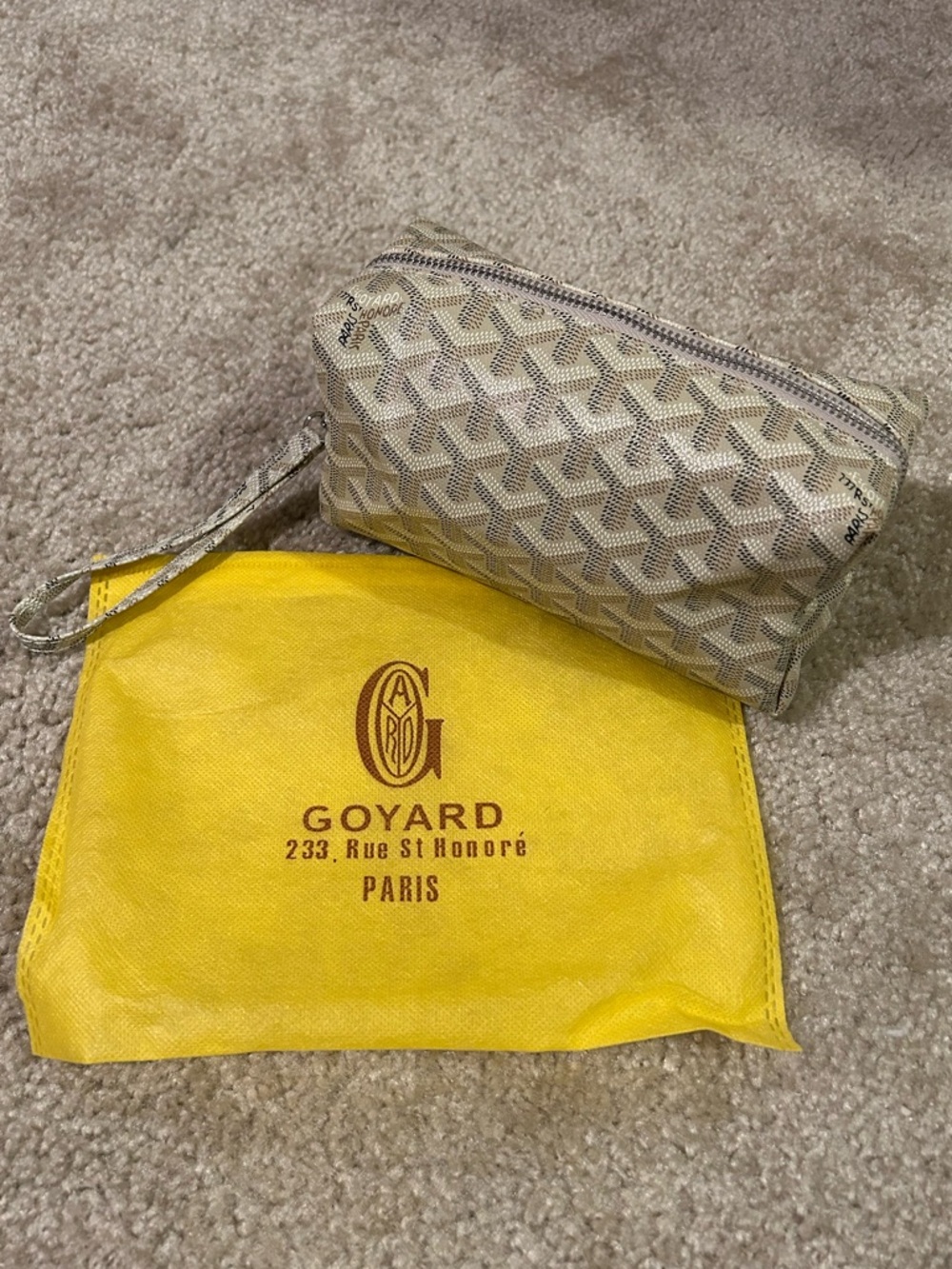 Beige Chevron Canvas Wristlet Pouch with Yellow Dust Bag